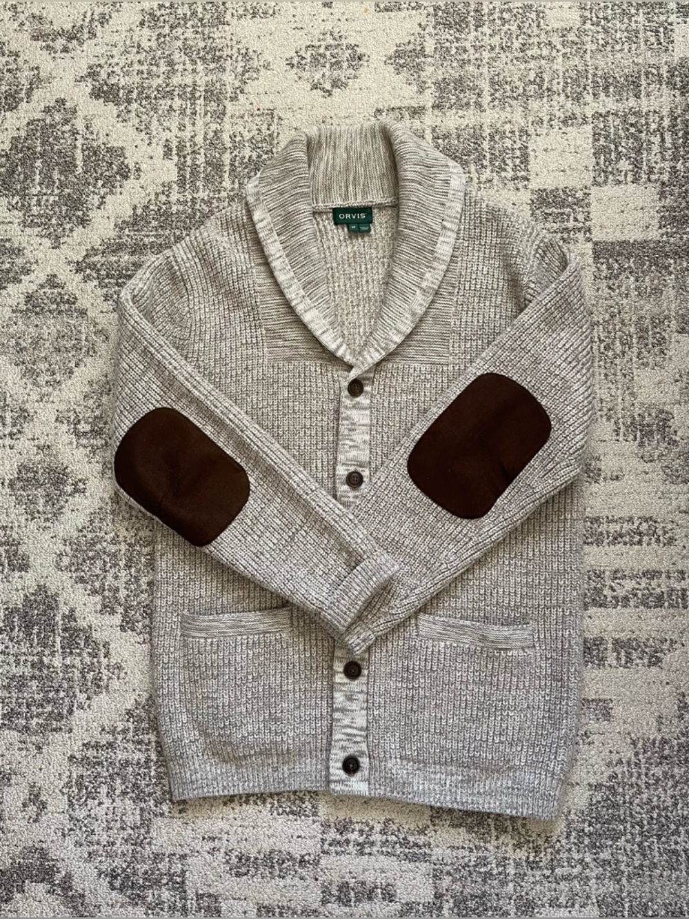 Orvis Men’s Shawl Collar Cardigan Sweater Size Medium – Chunky Knit Wool Blend